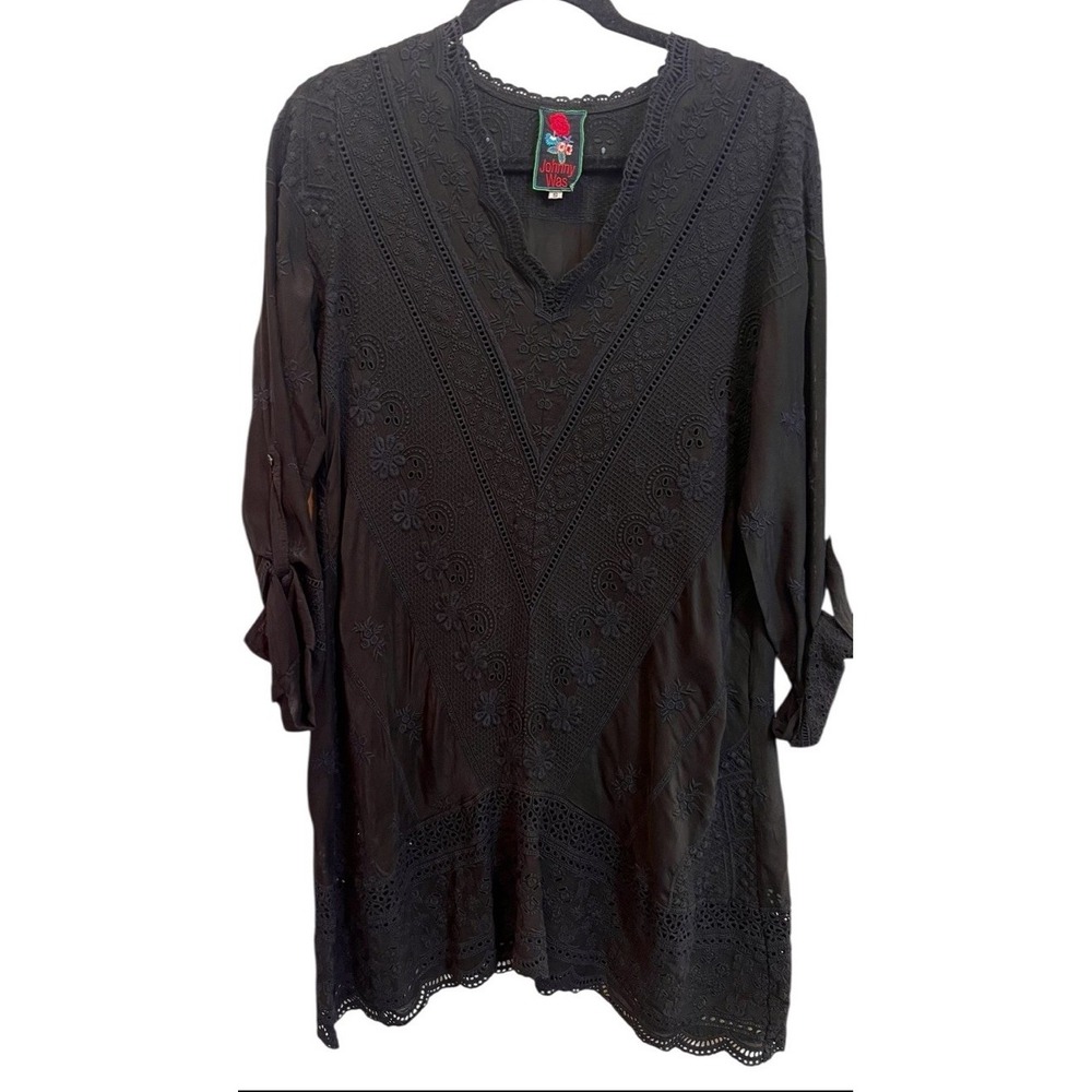 Johnny Was Black Embroidered Eyelet Tunic Dress Small Boho Hippie Festival Gypsy